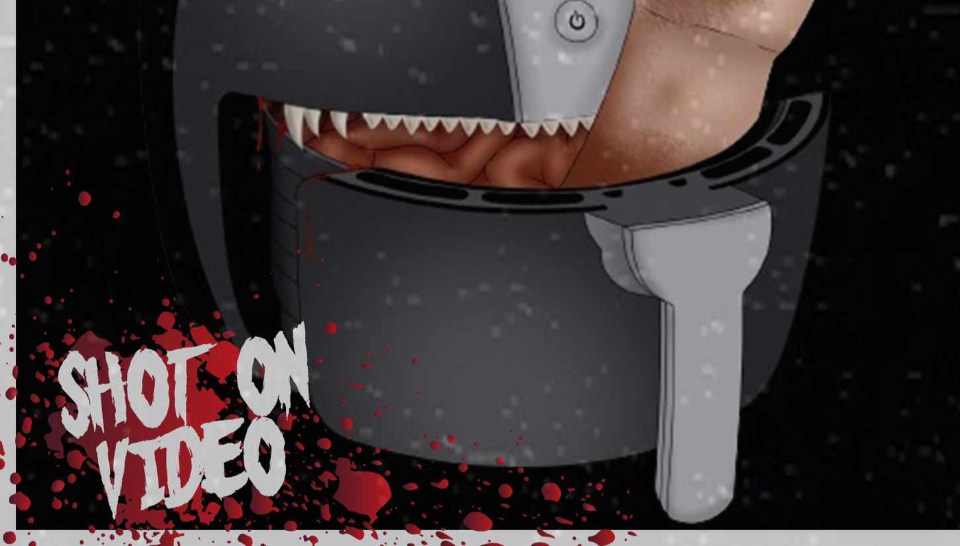 Close-up of the air fryer's fanged basket from the poster art, with Shot on Video lettering